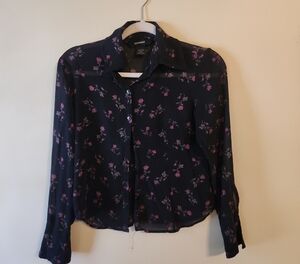 Express Women's Dark Button Down Silk with Pink Floral